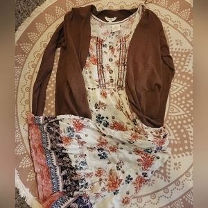 Get the whole look! Size XL floral maxi with warm brown duster. EUC.